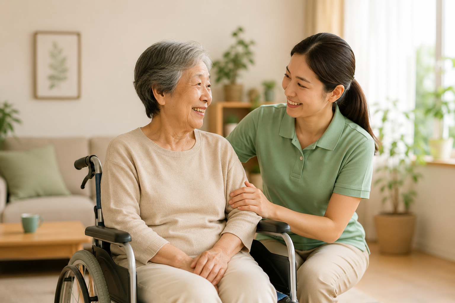 Asian caregiver smiling with elderly woman at home